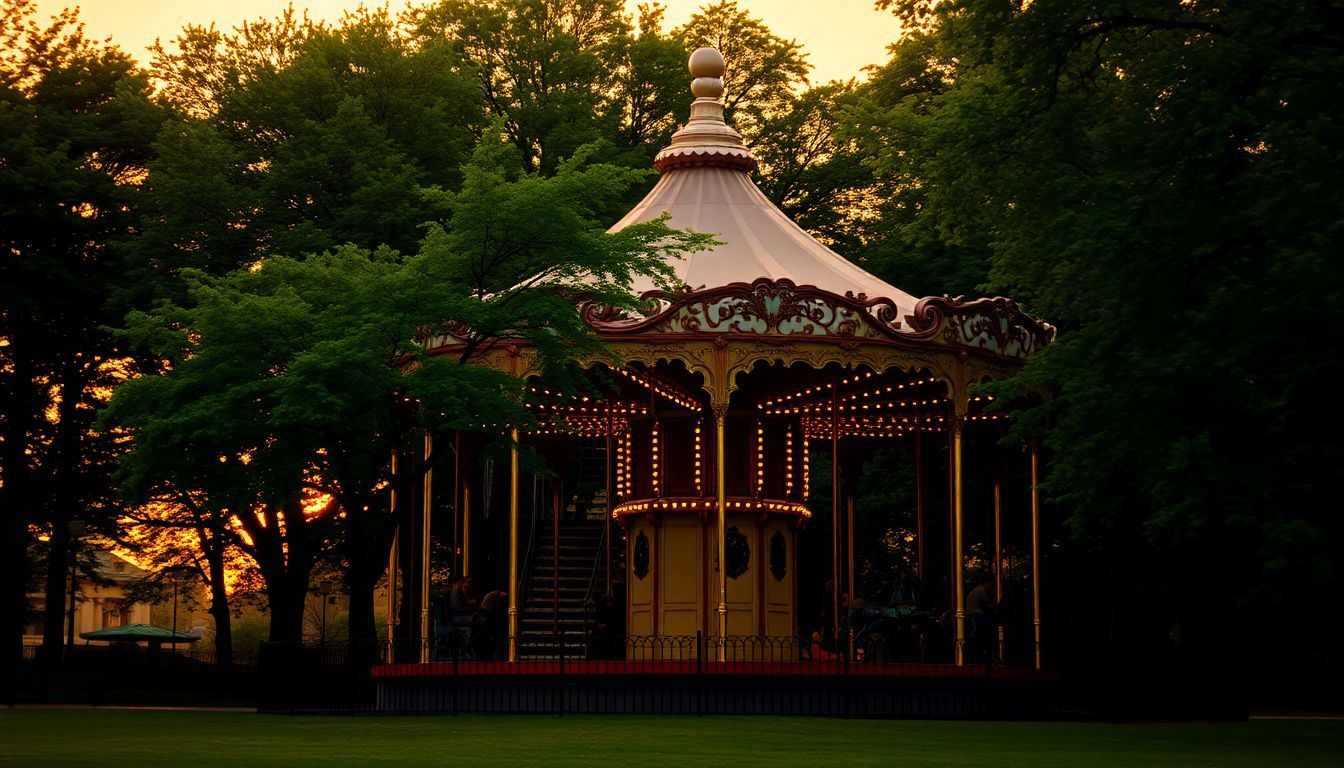 The iconic carousel in Prospect Park at sunset surrounded by nature.