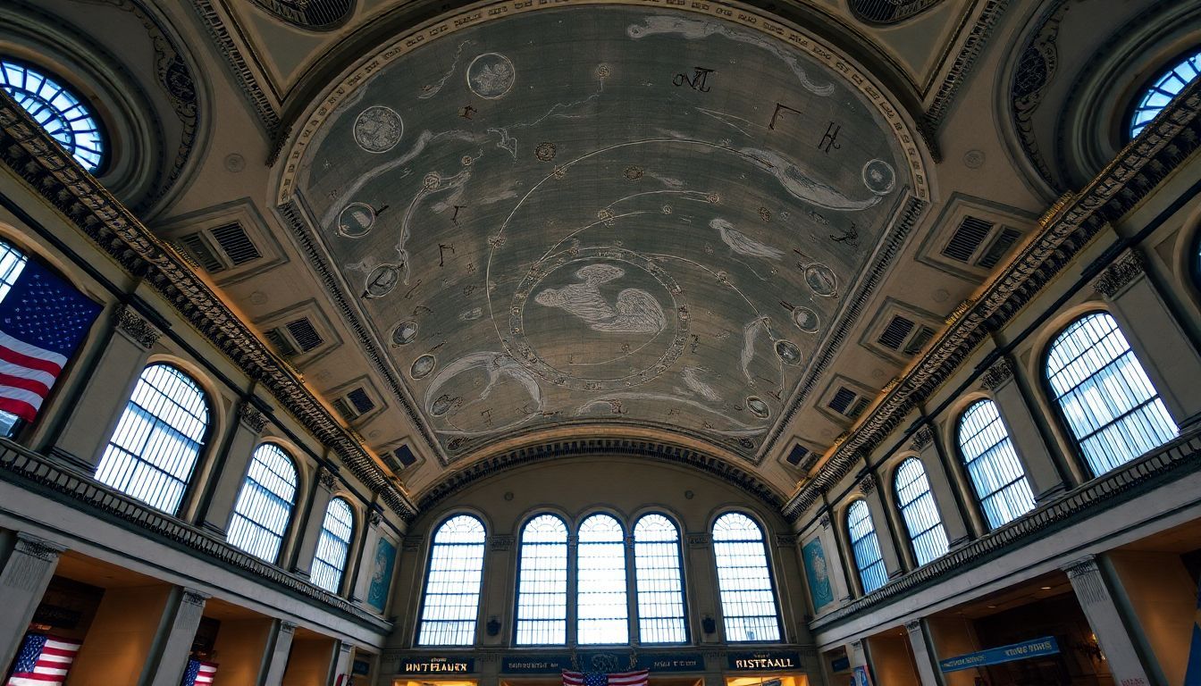 The photo shows the celestial ceiling in Grand Central Terminal.