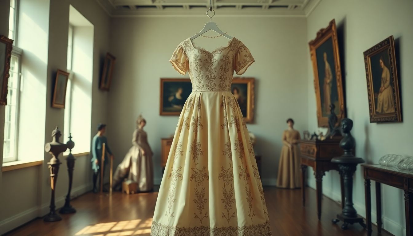 An antique embroidered gown displayed in a historical women's fashion exhibition.