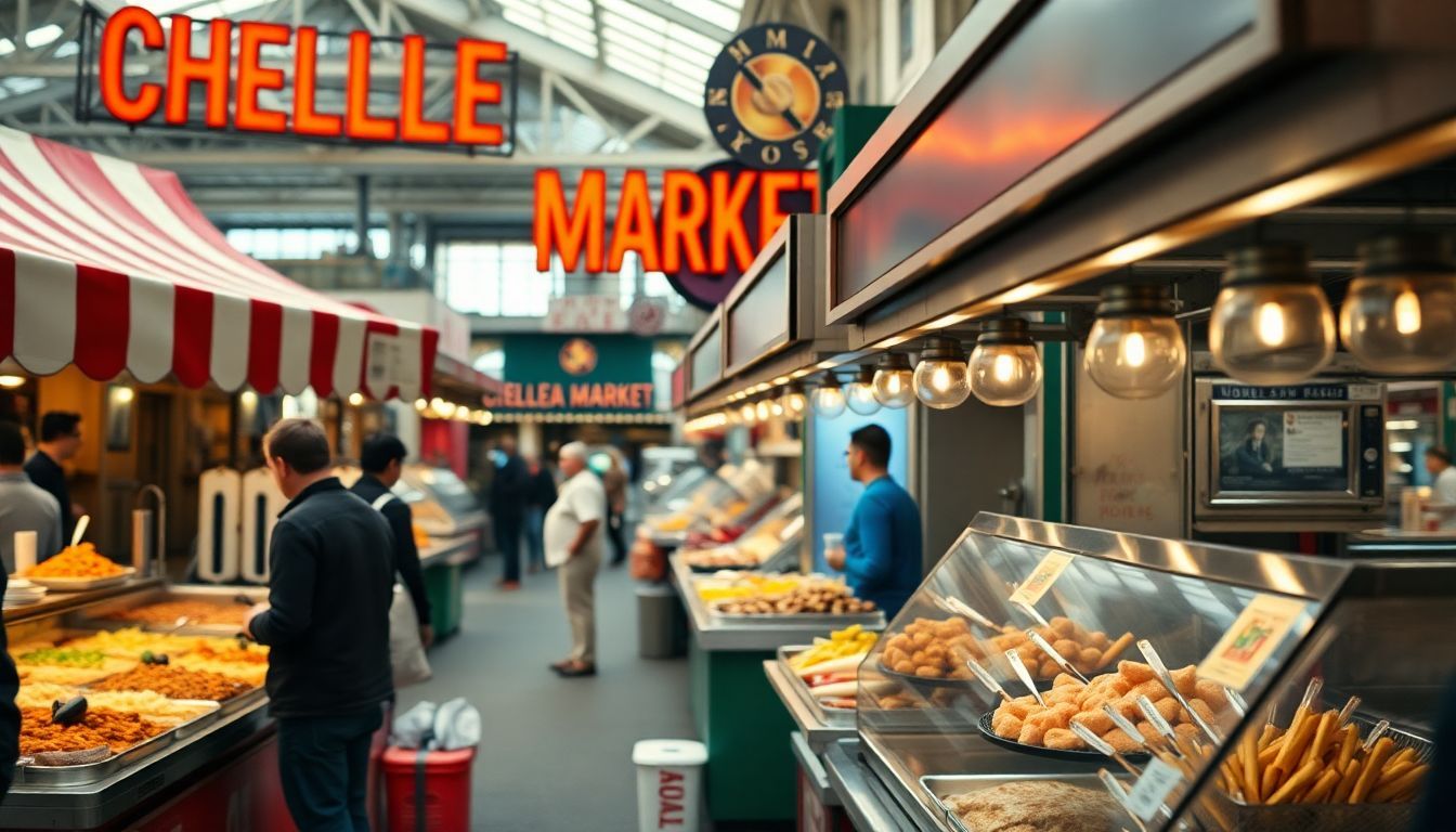 A close-up of colorful food stalls at Chelsea Market, showcasing unique dishes.