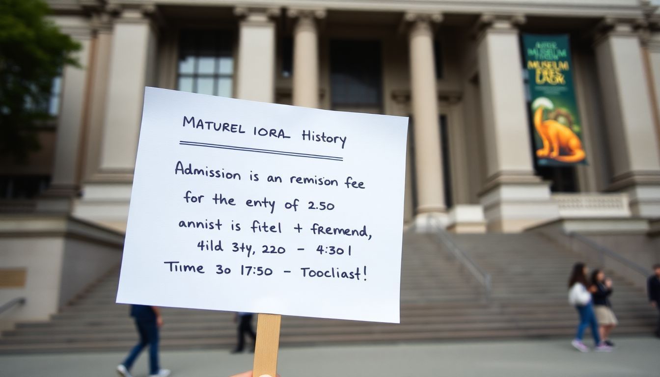 A handwritten note about admission fees in front of the museum.