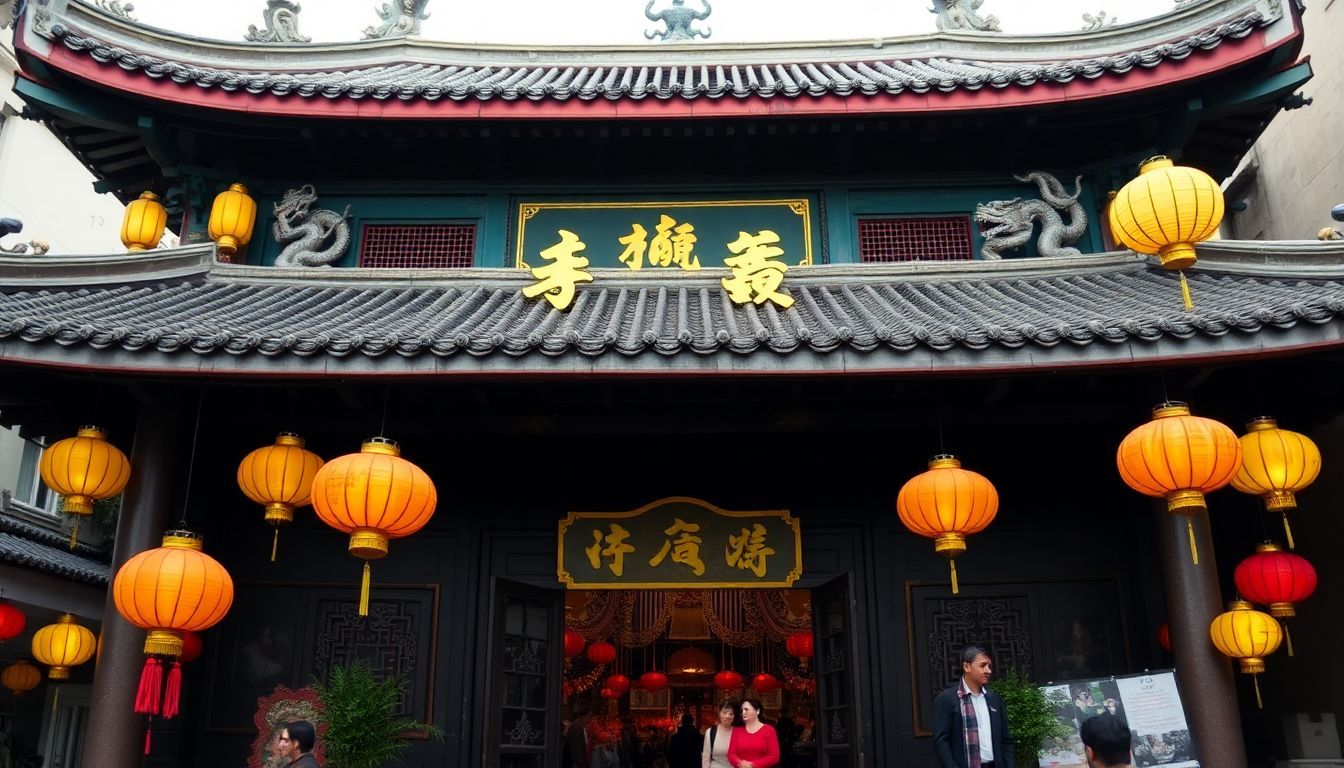 A Mahayana Buddhist temple in Chinatown adorned with lanterns and sculptures.