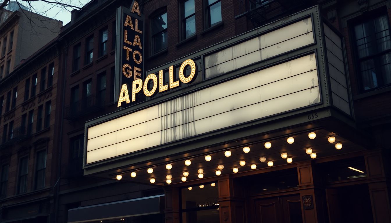 A weathered marquee sign of the Apollo Theater stands in Harlem.