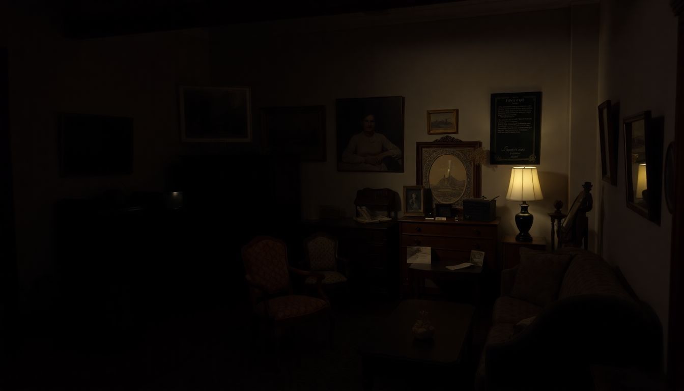 A photo of a dimly lit room at the Tenement Museum showcasing vintage furniture and decor.