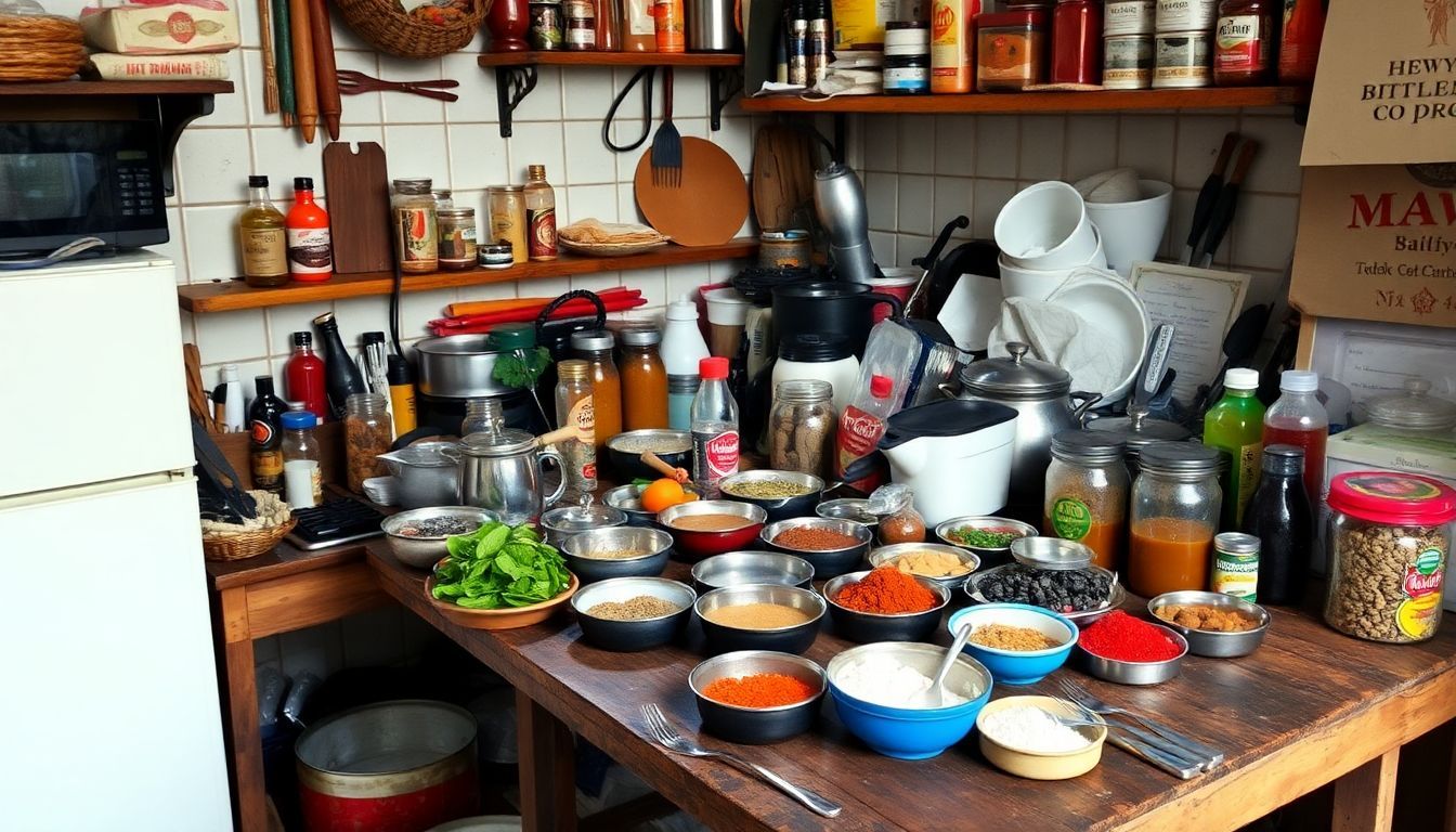 A cluttered New York City kitchen filled with spices, cookware, and ingredients.