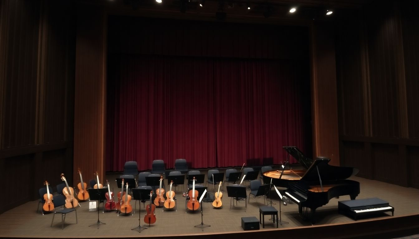 An empty concert hall with instruments set for a performance.