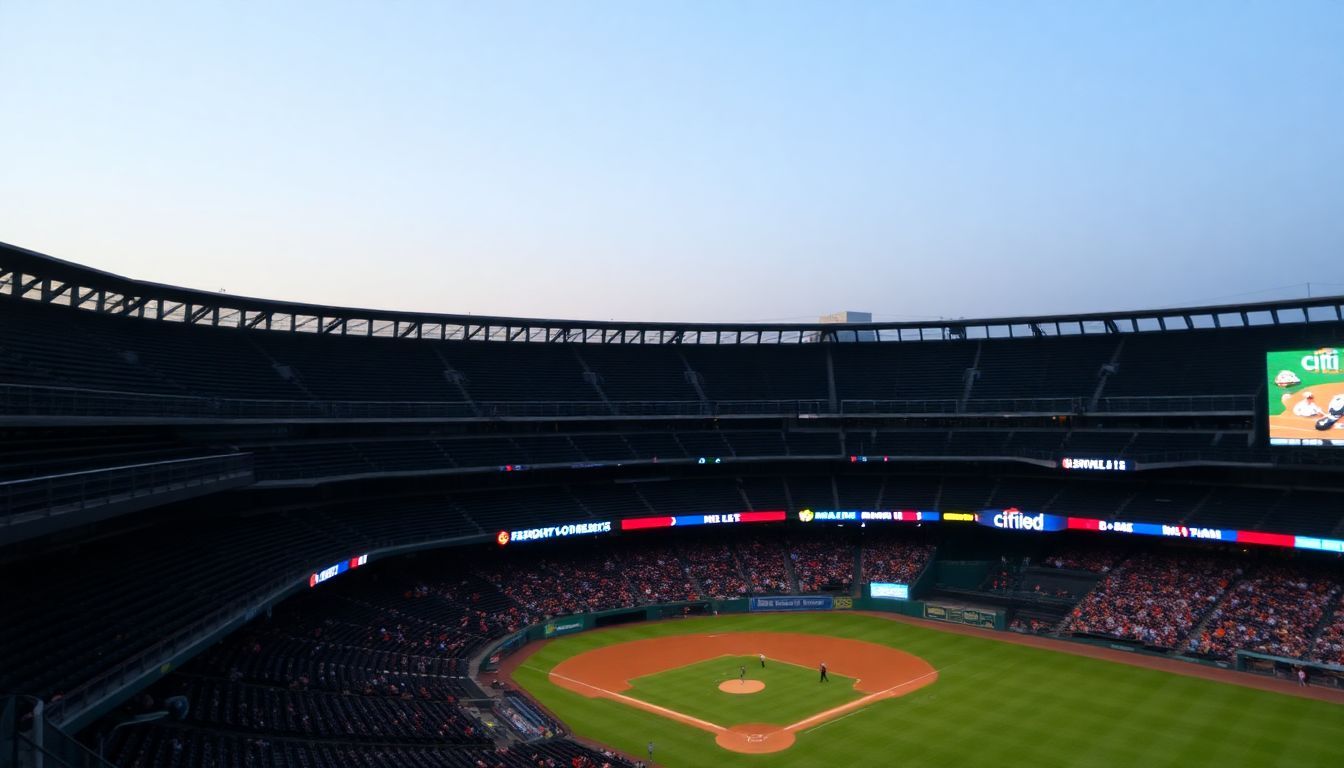 An empty upper deck section of Citi Field during a baseball game.