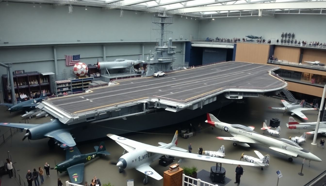 The USS Intrepid Aircraft Carrier displayed with vintage military aircraft at the museum.