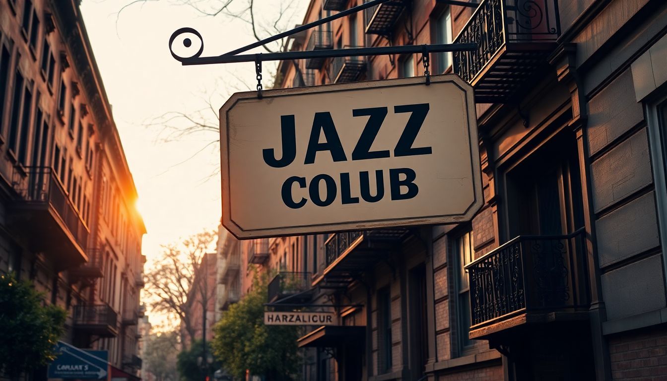 A weathered jazz club sign hangs above a lively Harlem street.