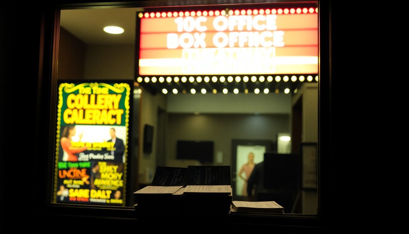 A box office window at a theater with colorful marquee and tickets.