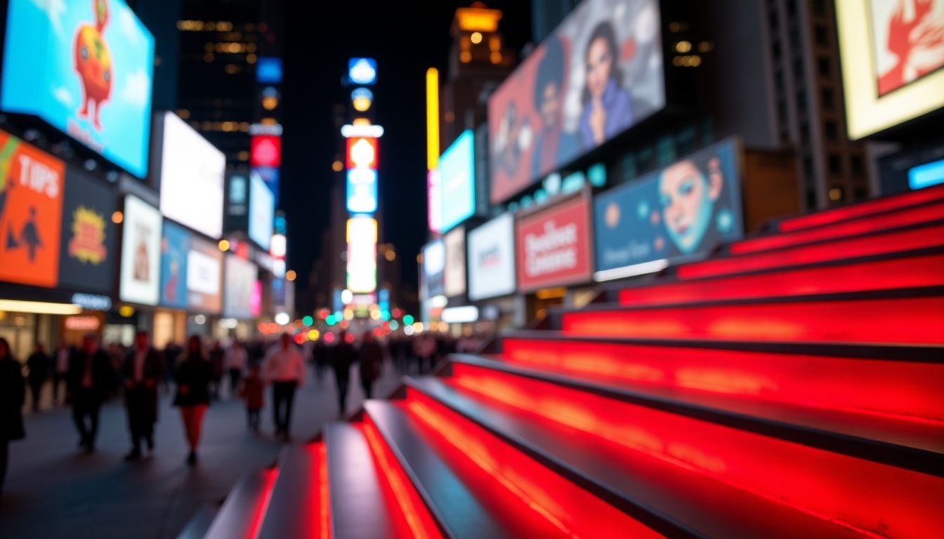 A lively evening scene in Times Square with bright lights and colorful billboards.