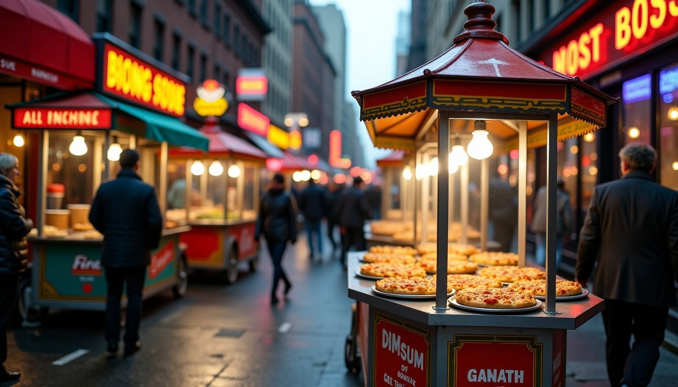 A busy New York City street filled with diverse food carts and storefronts.