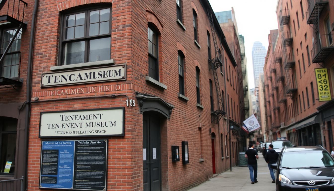 An aged brick building in a lively city street.