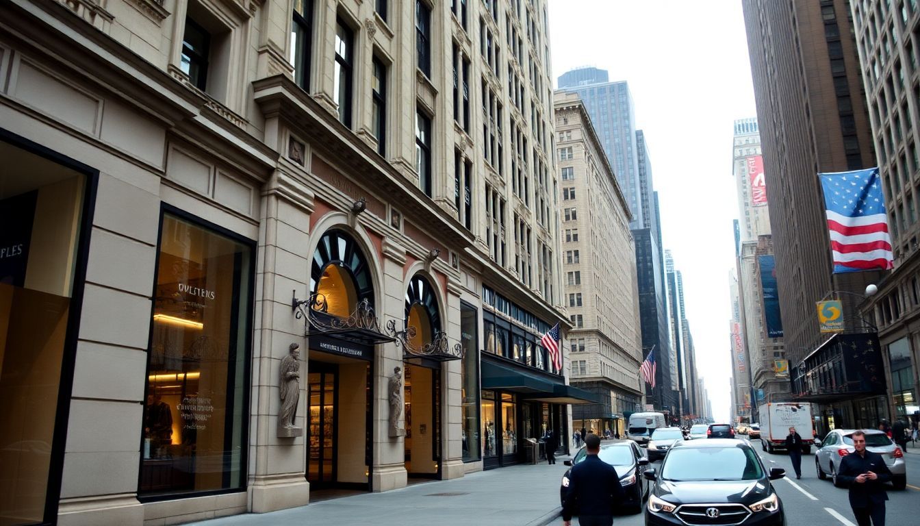 A grand storefront on Fifth Avenue in NYC with elegant architecture.