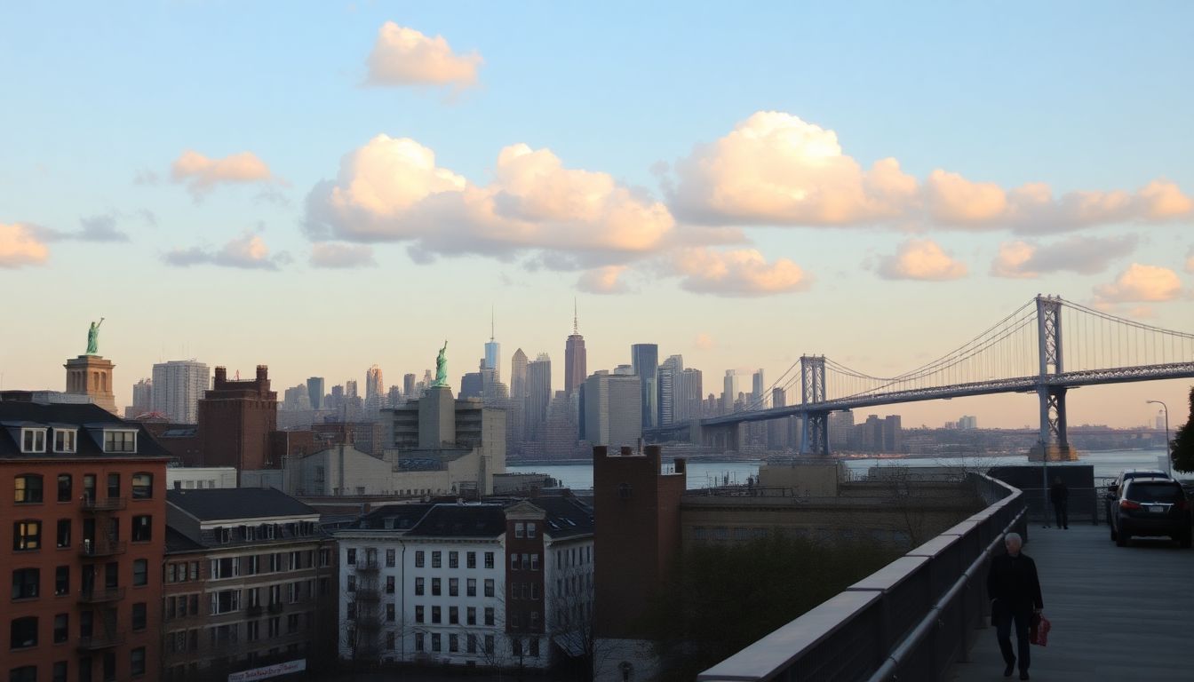 The Brooklyn Heights Promenade captures the Manhattan skyline and historic architecture.