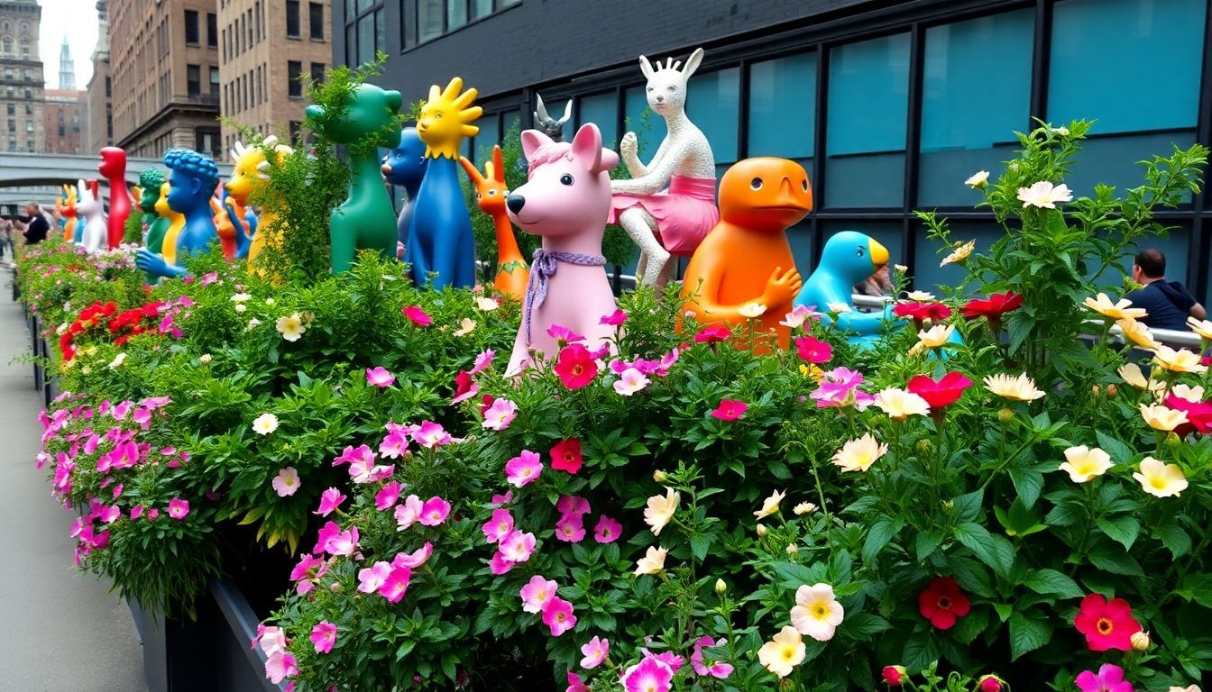 A colorful art installation surrounded by greenery on the High Line.