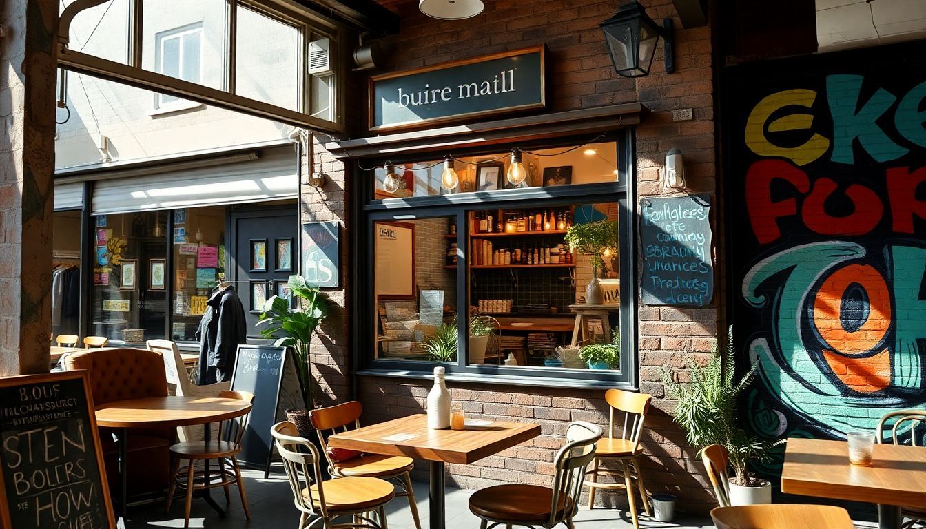 A cozy café in Williamsburg with rustic decor and lively surroundings.