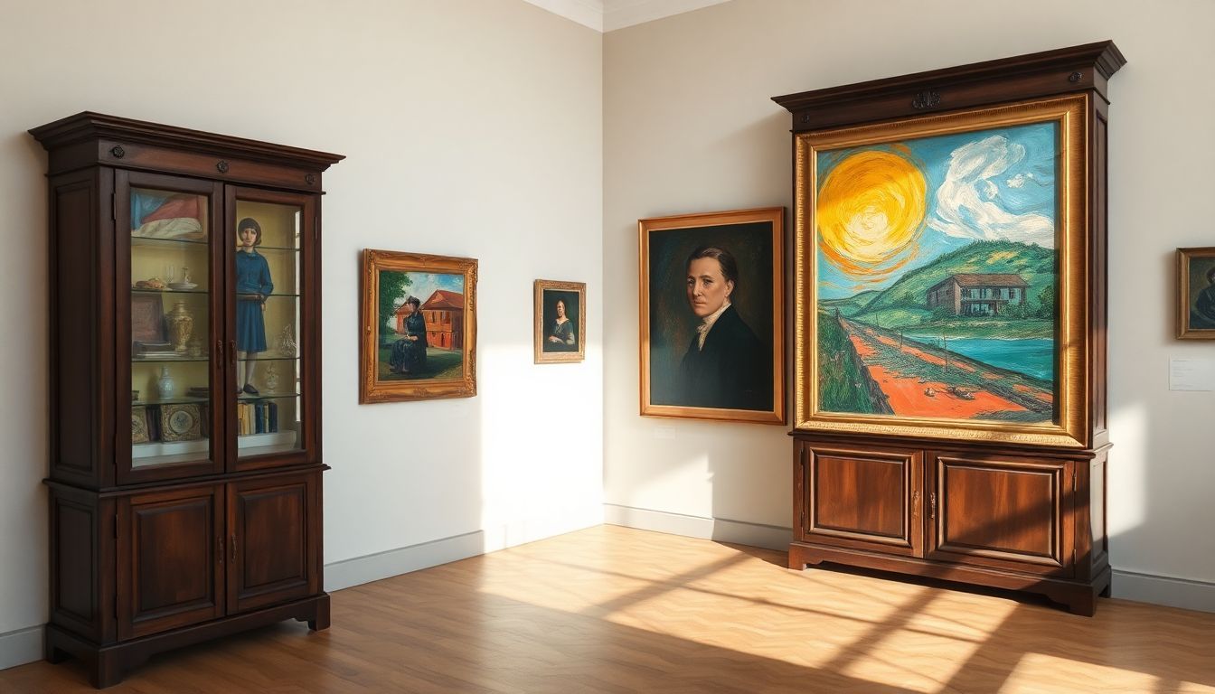 An antique wooden cabinet with Austrian and German expressionist paintings.