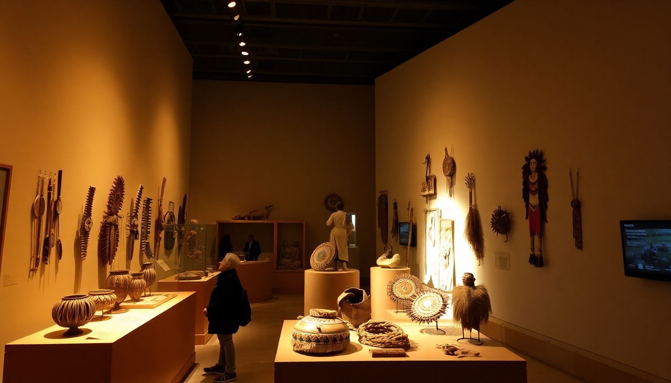 Display of traditional crafts and artifacts from indigenous cultures at a museum.