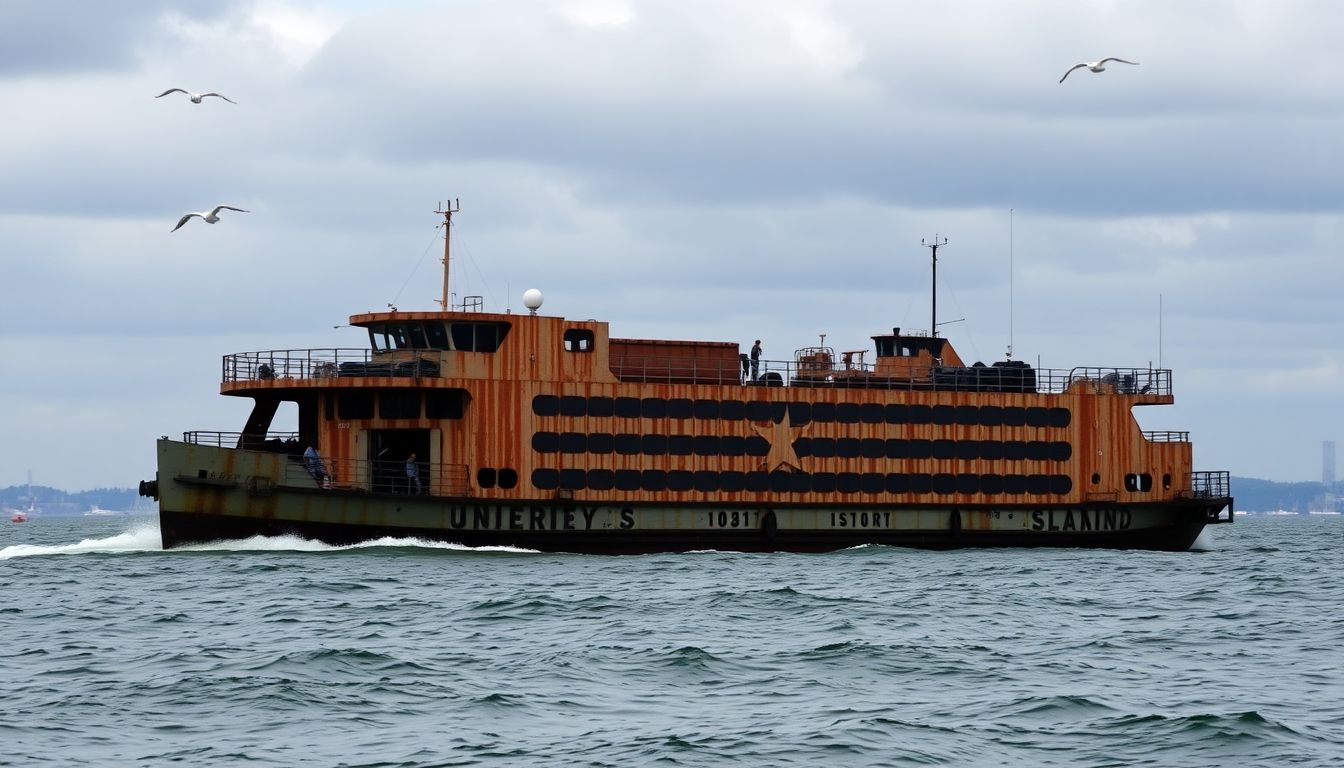 A rusty ferry leaves St. George Terminal as seagulls fly above.