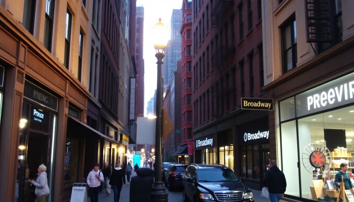 A photo of trendy SoHo shopping streets in the evening.