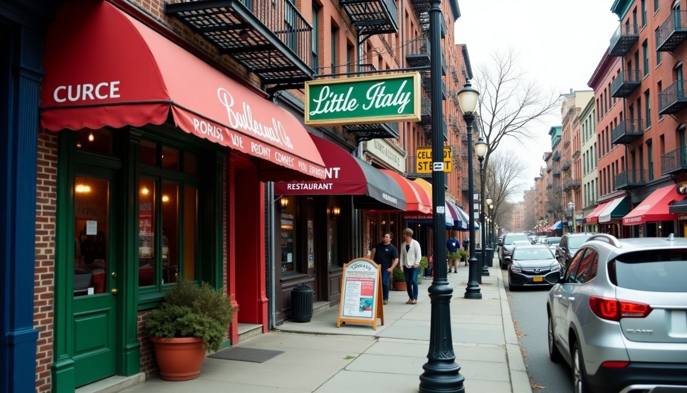 A lively street scene in Little Italy capturing colorful storefronts and vibrant shops.