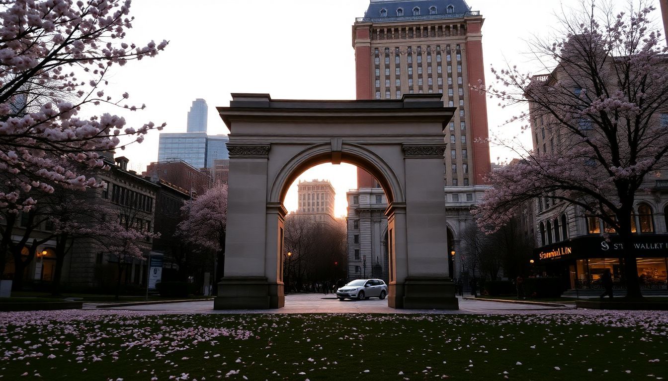 The dusk view of Washington Square Park with iconic arch and cherry blossom trees.