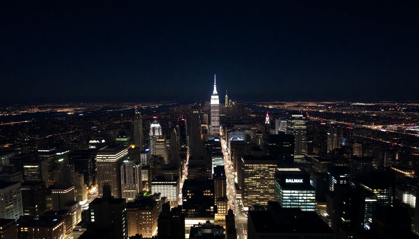 Aerial night view of Manhattan, Brooklyn, and Queens from Empire State Building.