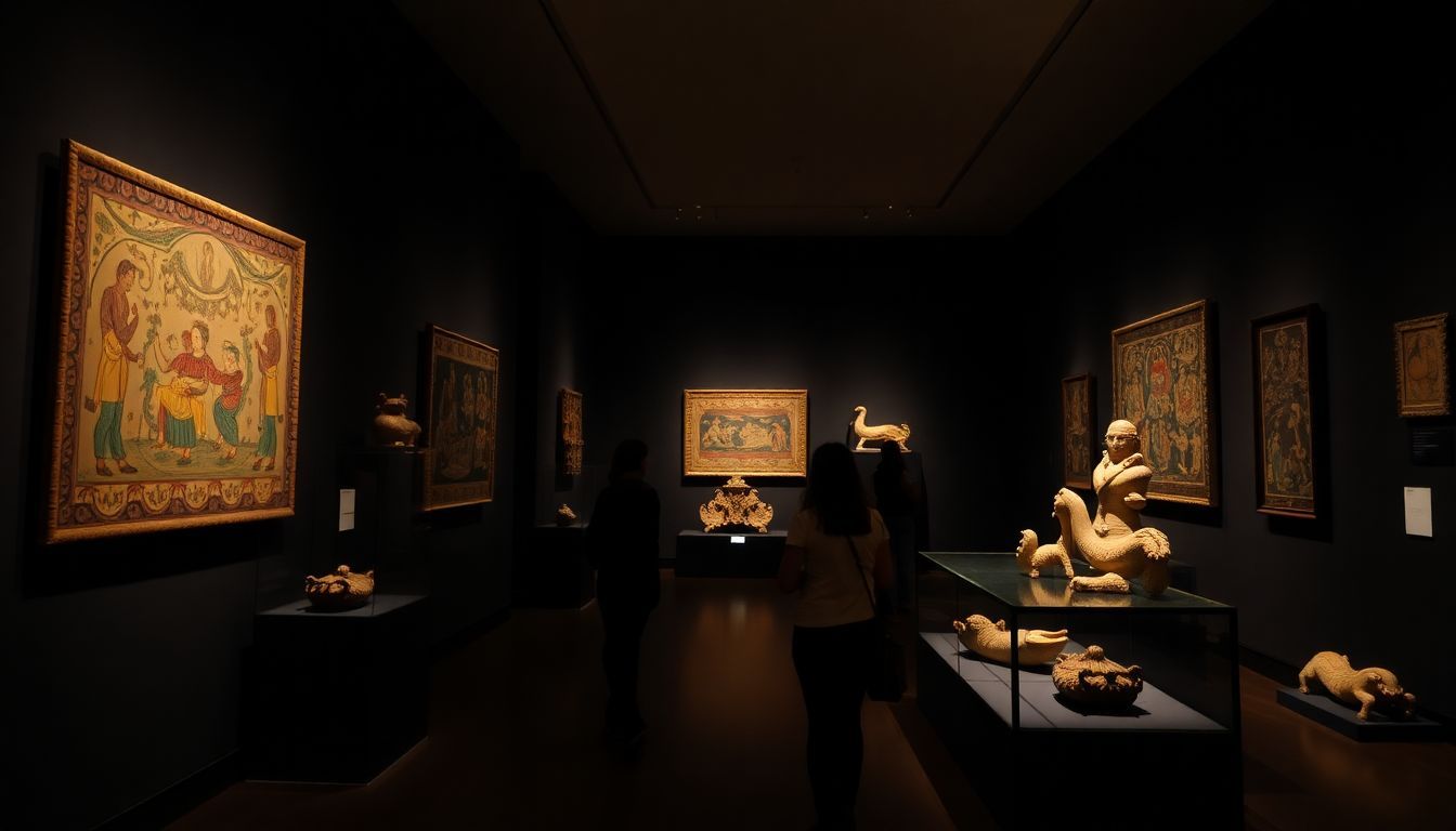 Ancient cultural artifacts showcased in dimly lit Brooklyn Museum gallery.