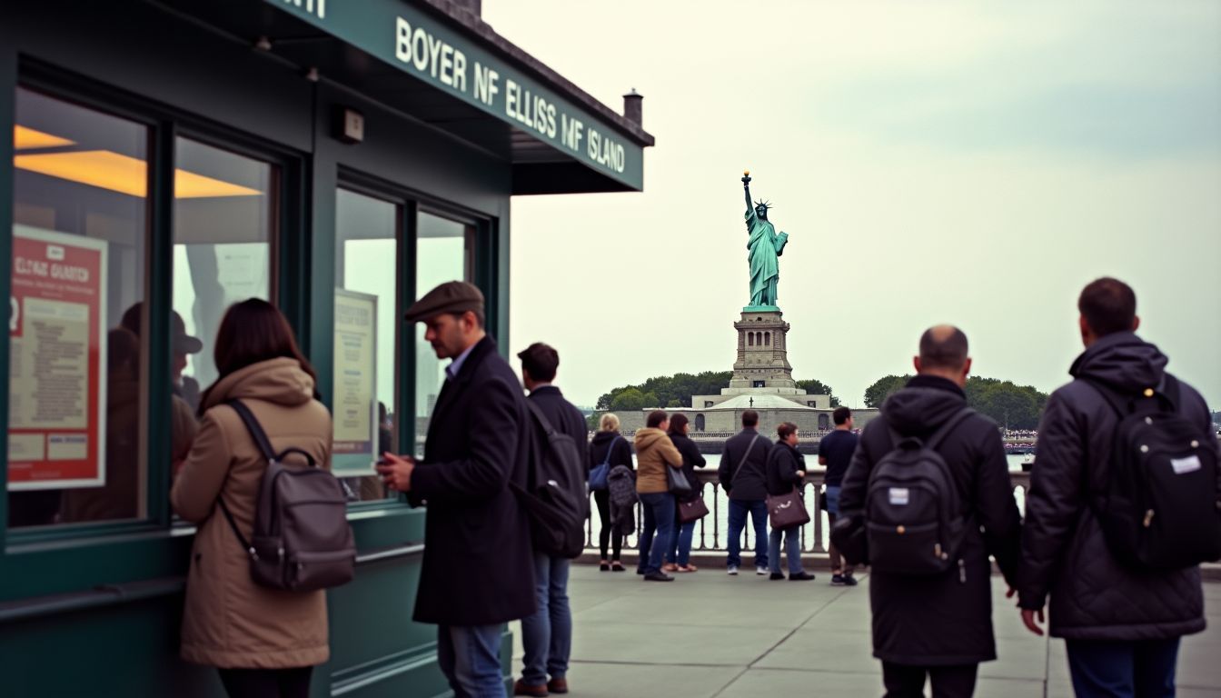 A ticket booth in New York City with the Statue of Liberty in the background.