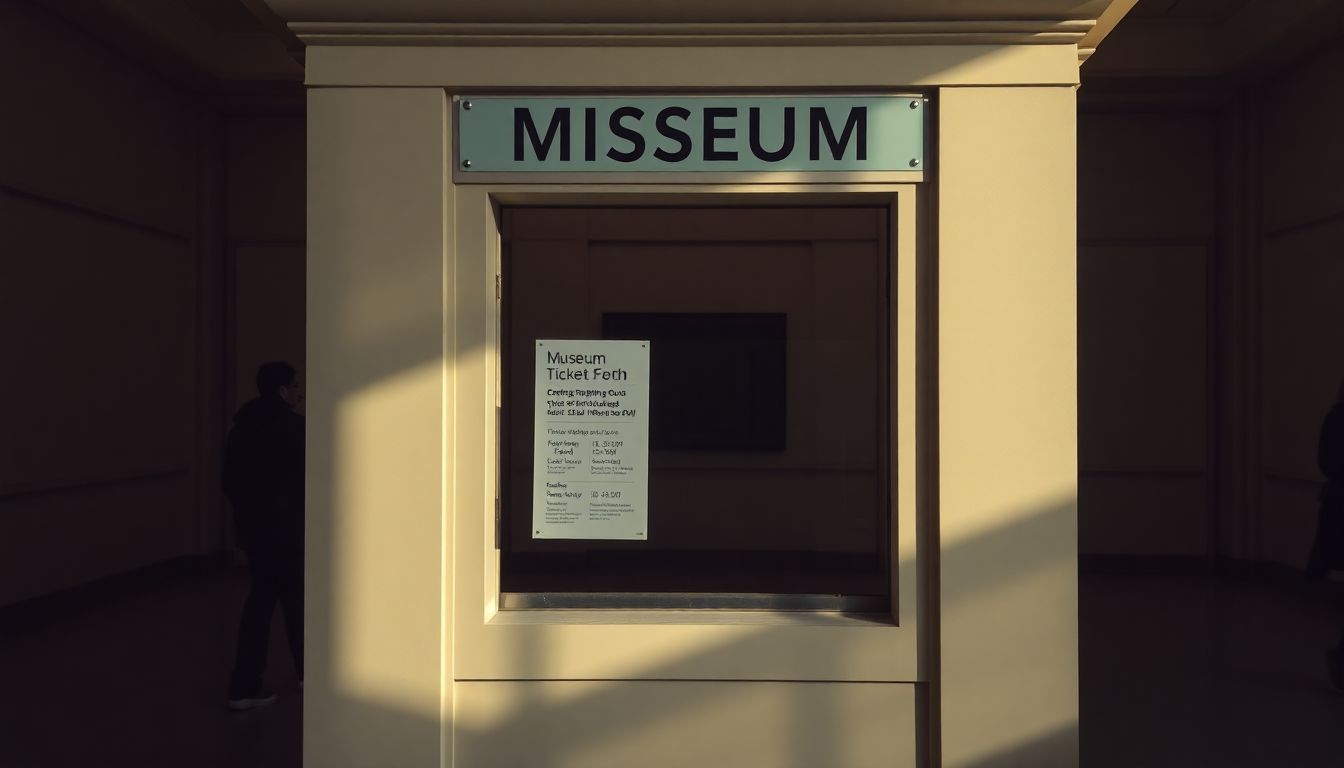 An empty museum ticket booth with opening hours and entrance fees.