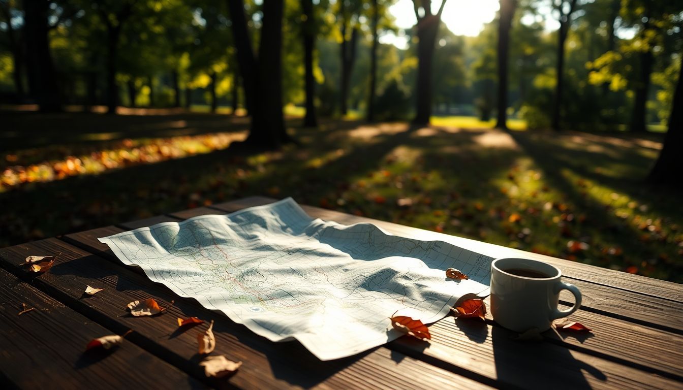 A crumpled map of a park on a picnic table with fallen leaves and spilled coffee.