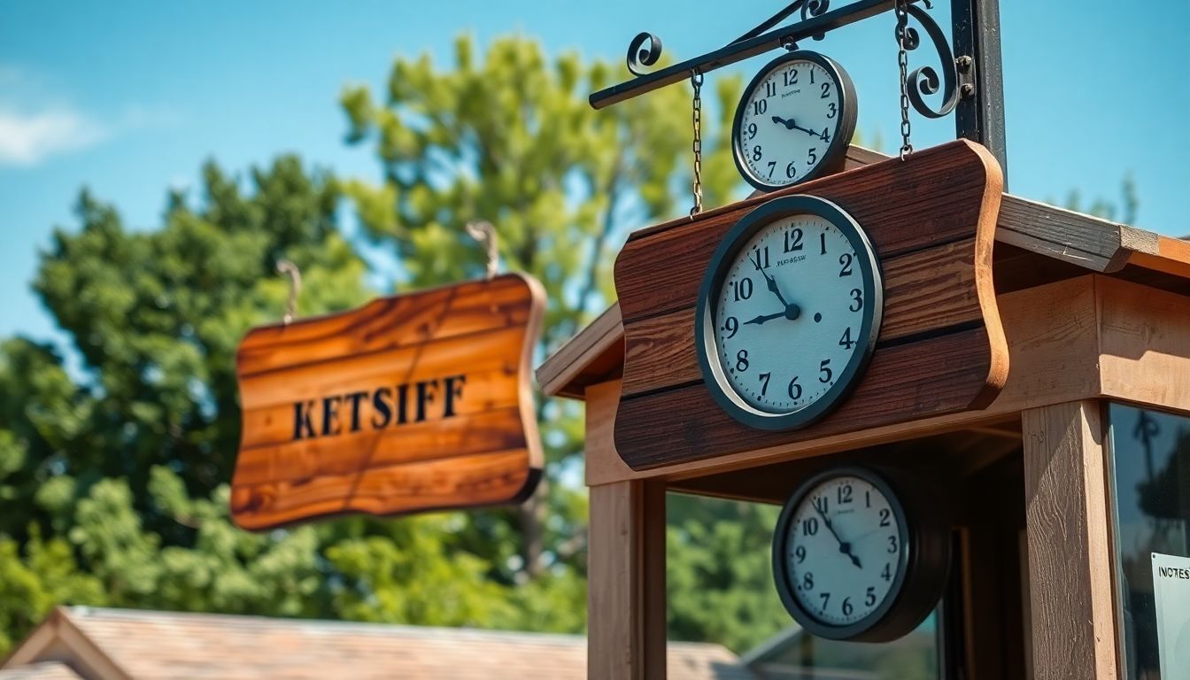 A rustic ticket booth with a vintage clock surrounded by lush greenery.