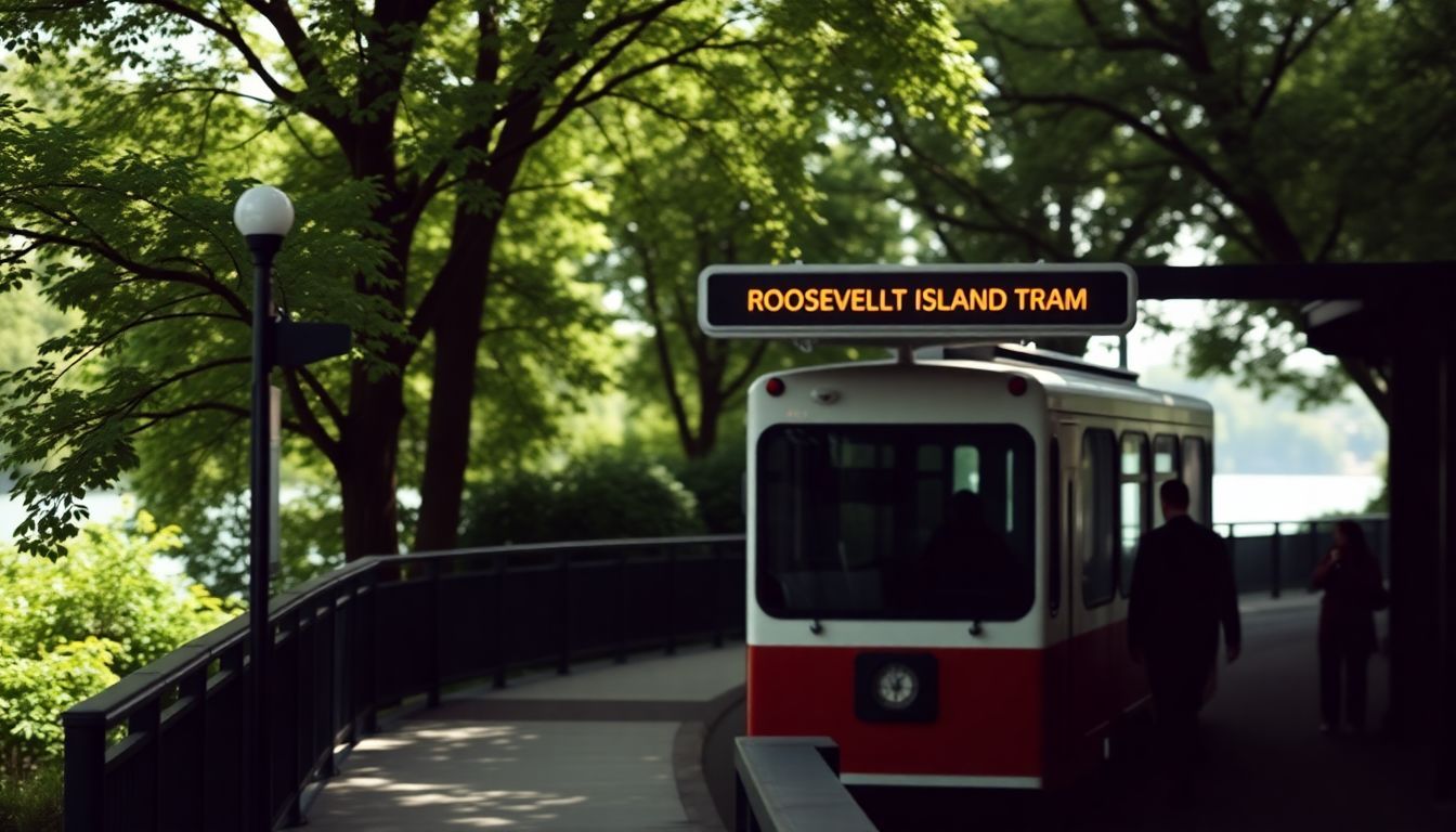 The image shows the peaceful Roosevelt Island Tram station with greenery.