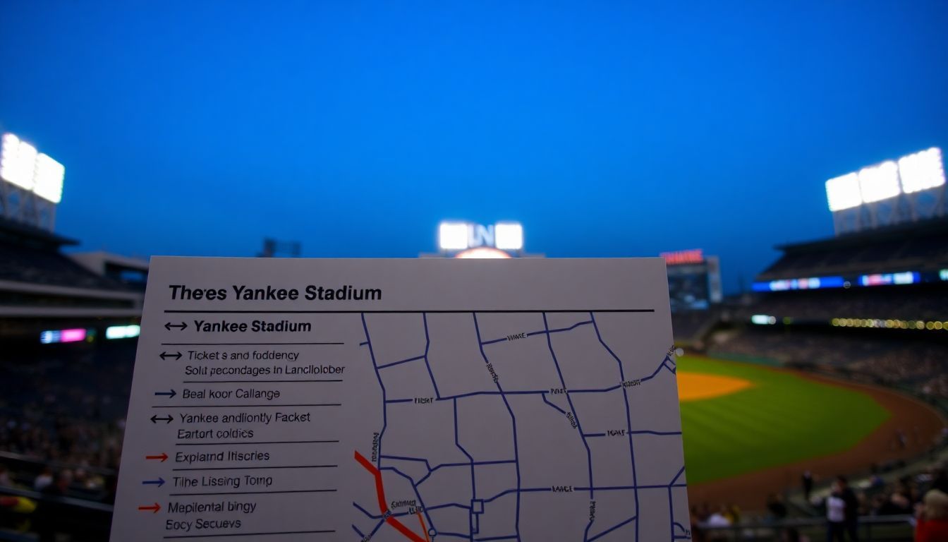 A map showing transportation options to Yankee Stadium with baseball field.