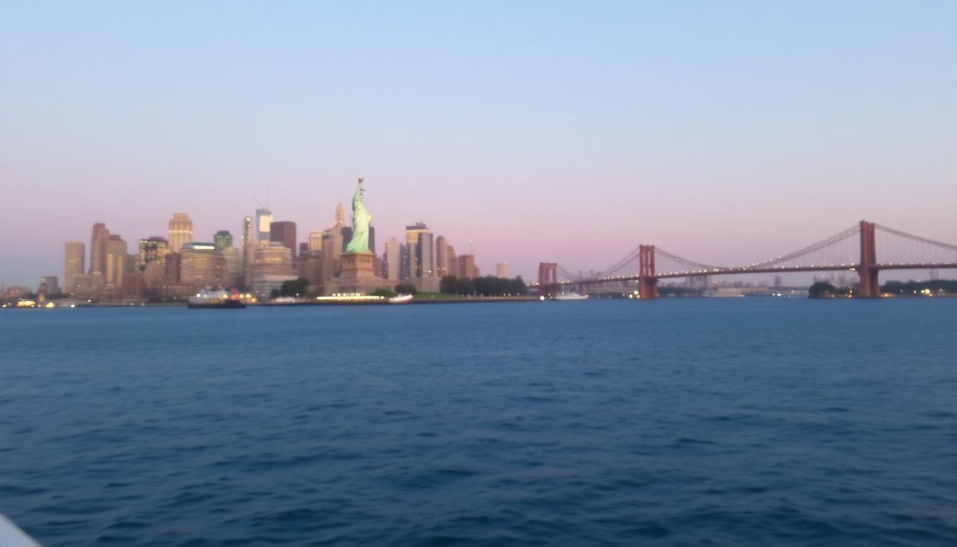 A peaceful evening view of Manhattan skyline from a cruise ship.