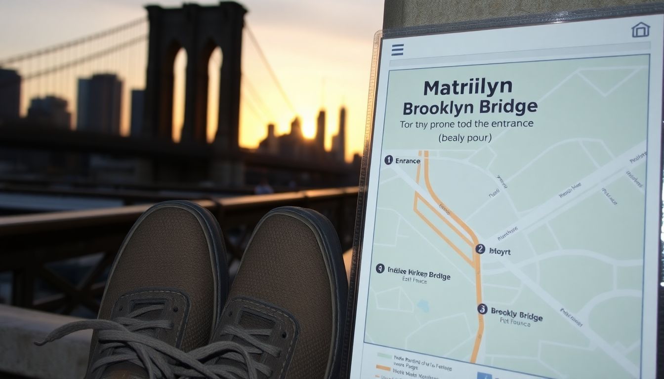 A pair of walking shoes beside a Brooklyn Bridge map at sunset.