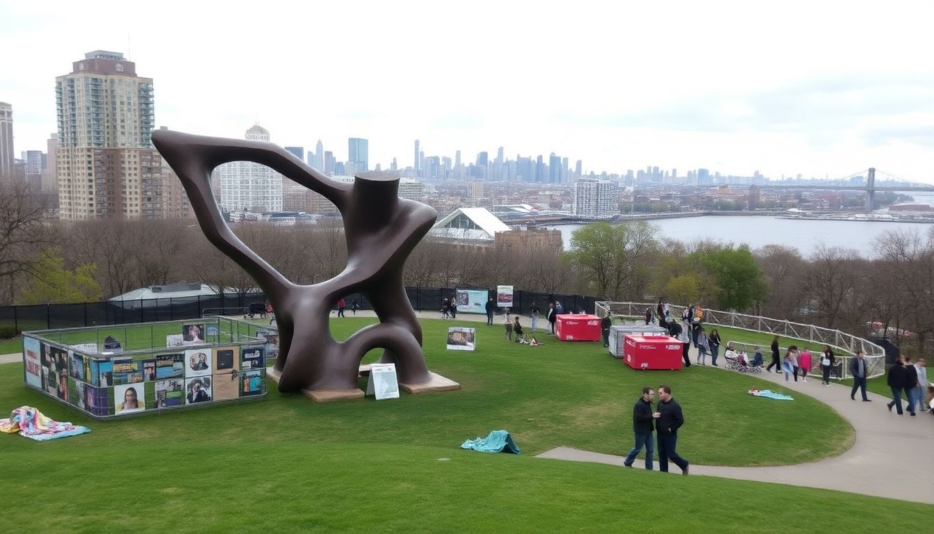 A large abstract metal sculpture in Socrates Sculpture Park surrounded by multimedia installations and community art projects, with the East River and a cityscape in the background.