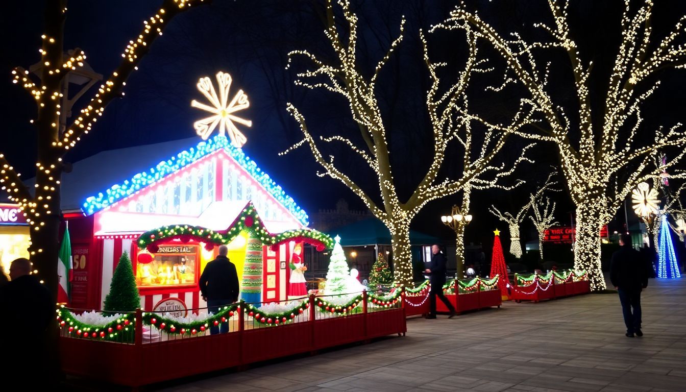 A Winter Village display on Governors Island with festive decorations.