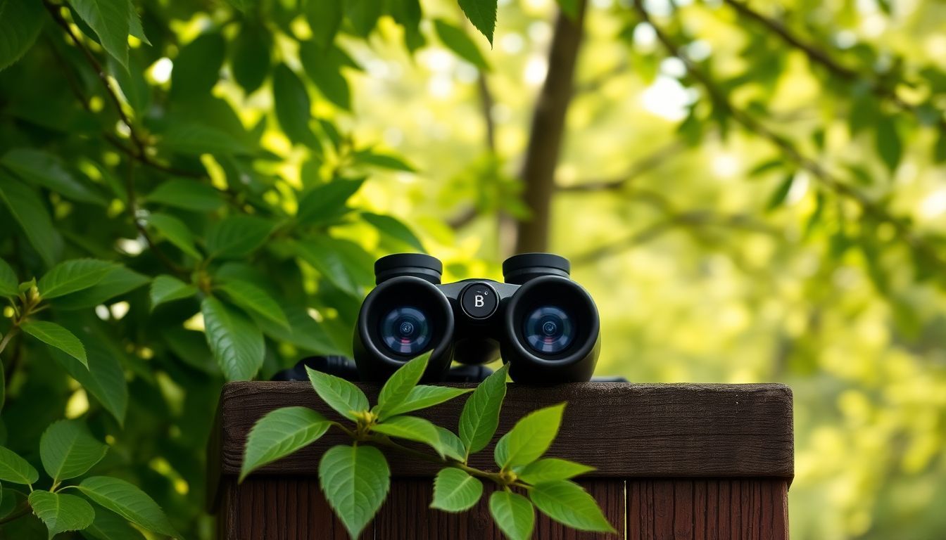 Binoculars on birdwatching post in Central Park surrounded by greenery.