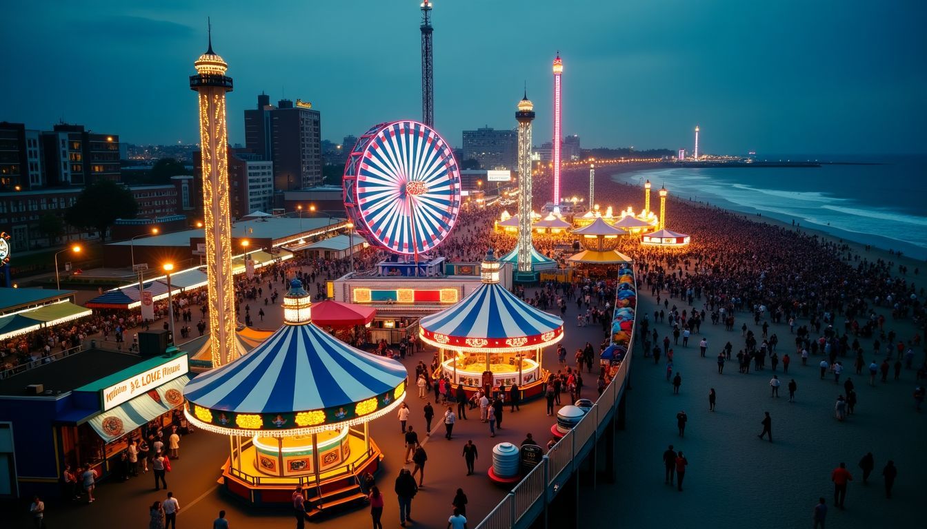 Aerial view of Luna Park at Coney Island with vibrant amusement rides.