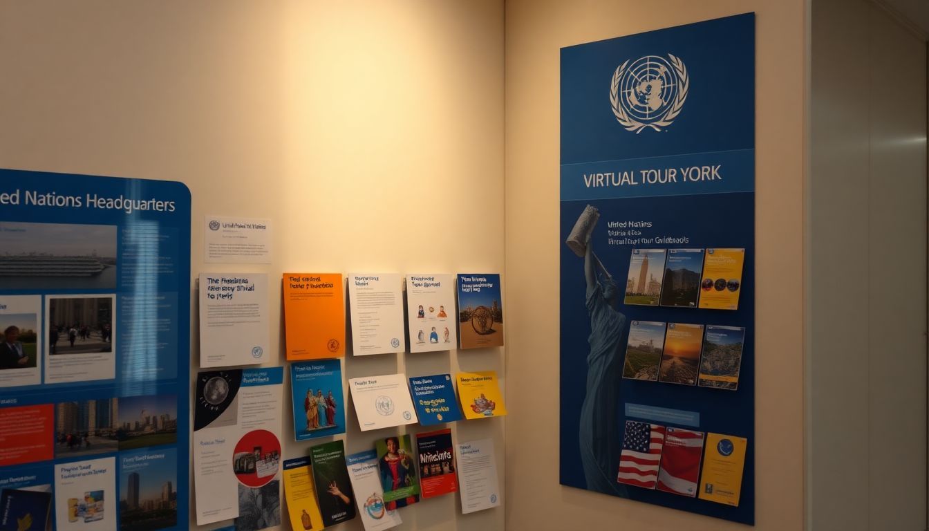 A display of colorful brochures at the United Nations Headquarters.