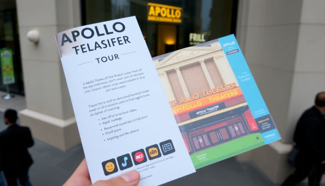 The Apollo Theater tour brochure features a colorful artistic depiction of the facade.