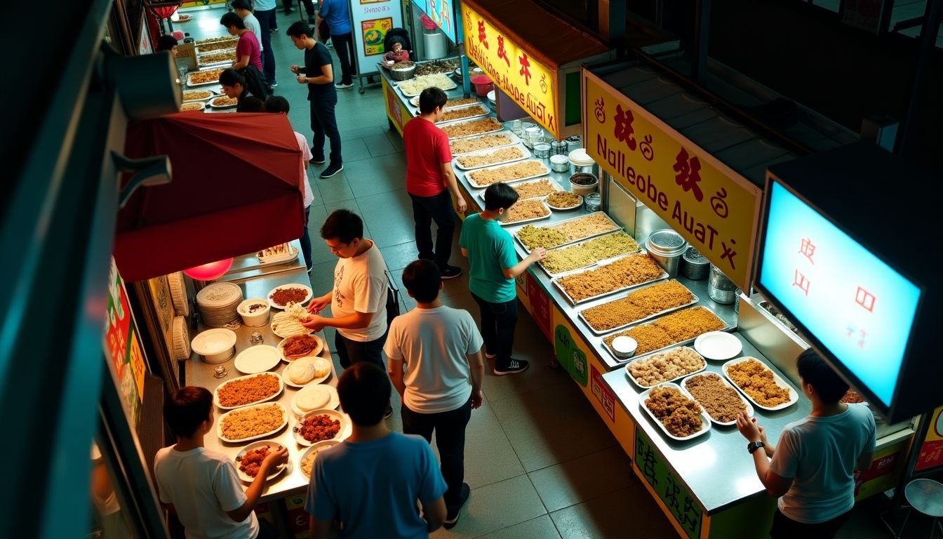 A busy street food market in Flushing with colorful food stalls.