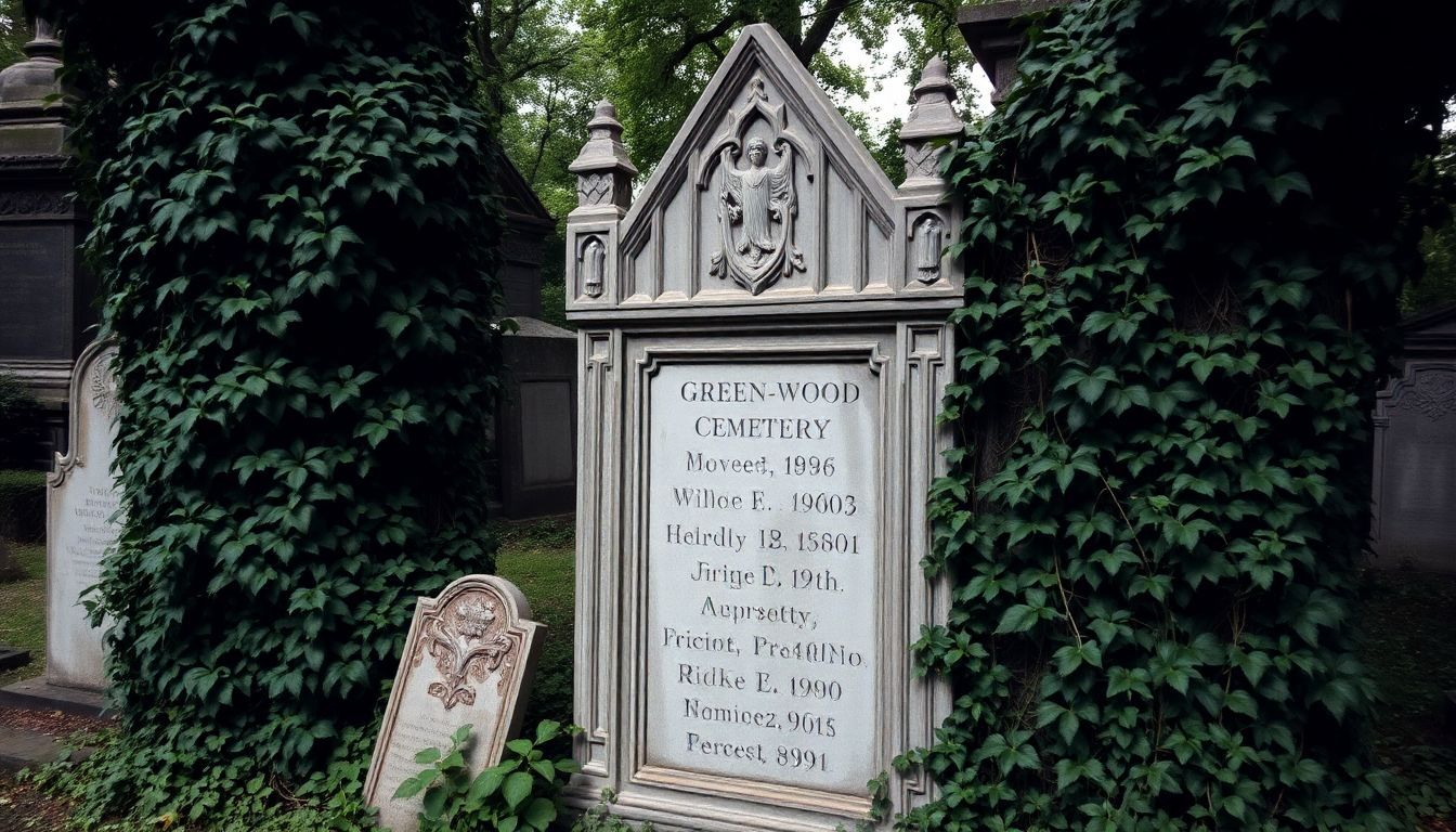 An old gothic tombstone surrounded by overgrown ivy at a cemetery.