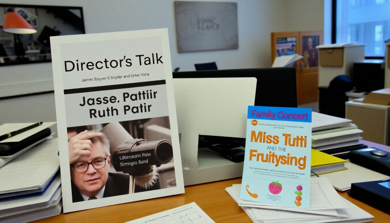 A cluttered office desk with event posters and no people.