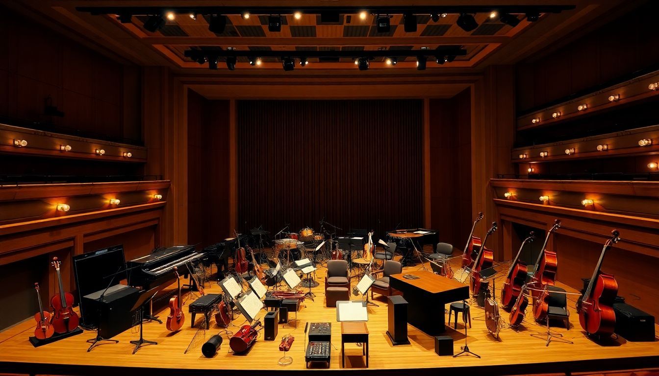 The stage at Carnegie Hall displaying various musical instruments for performances.