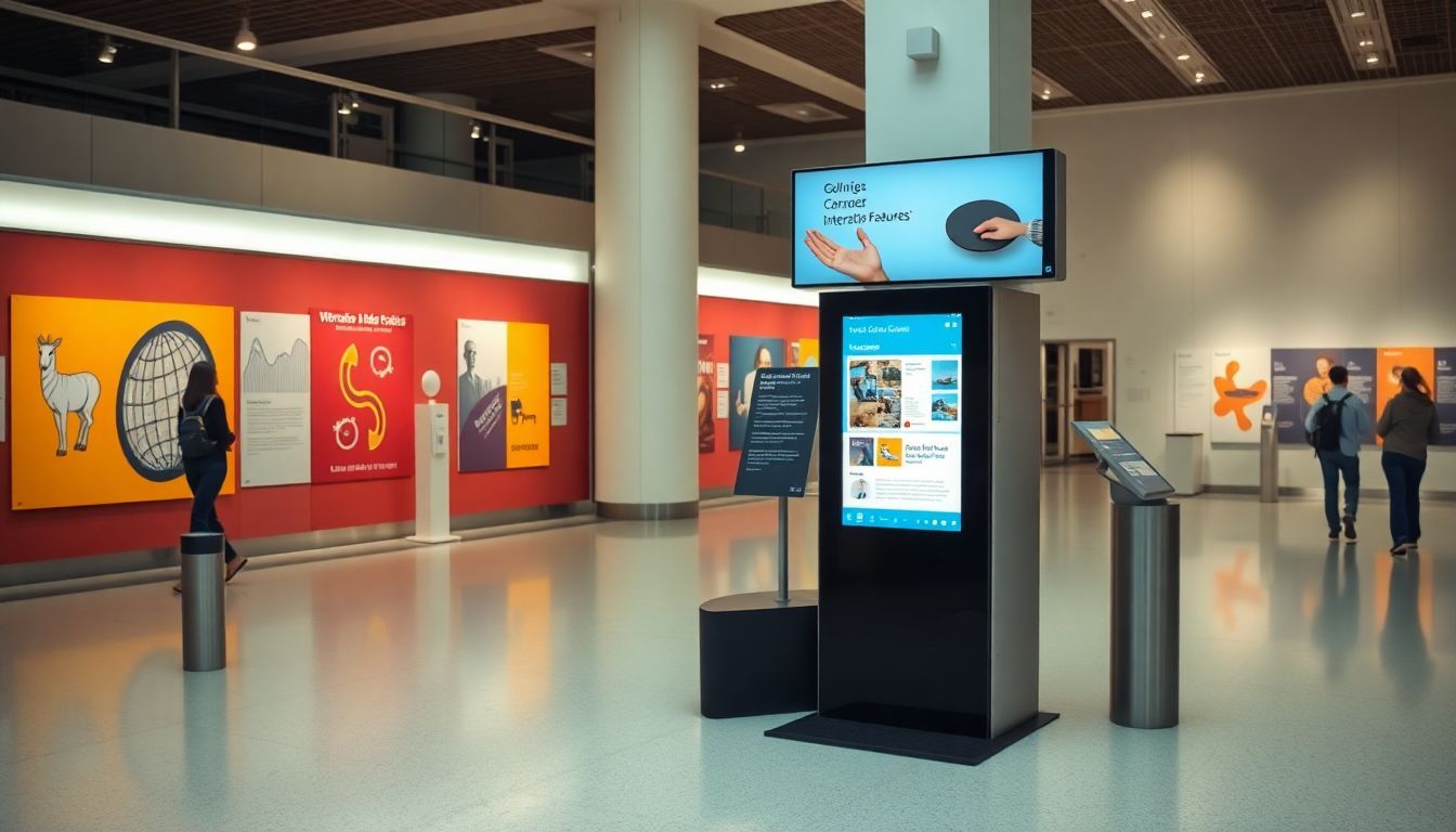 An interactive museum kiosk showcasing accessible features with colorful graphics.