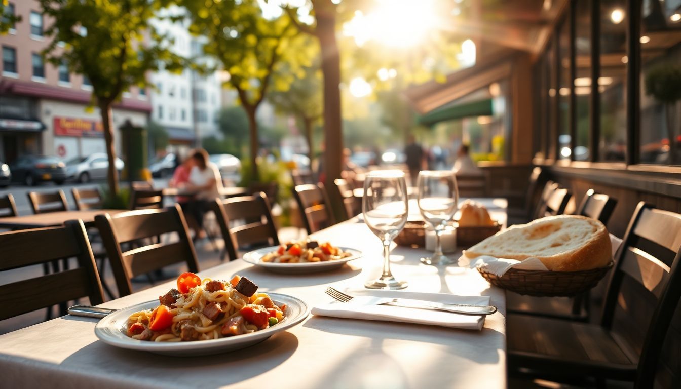 Close-up of traditional Italian dishes set on an outdoor cafe table.